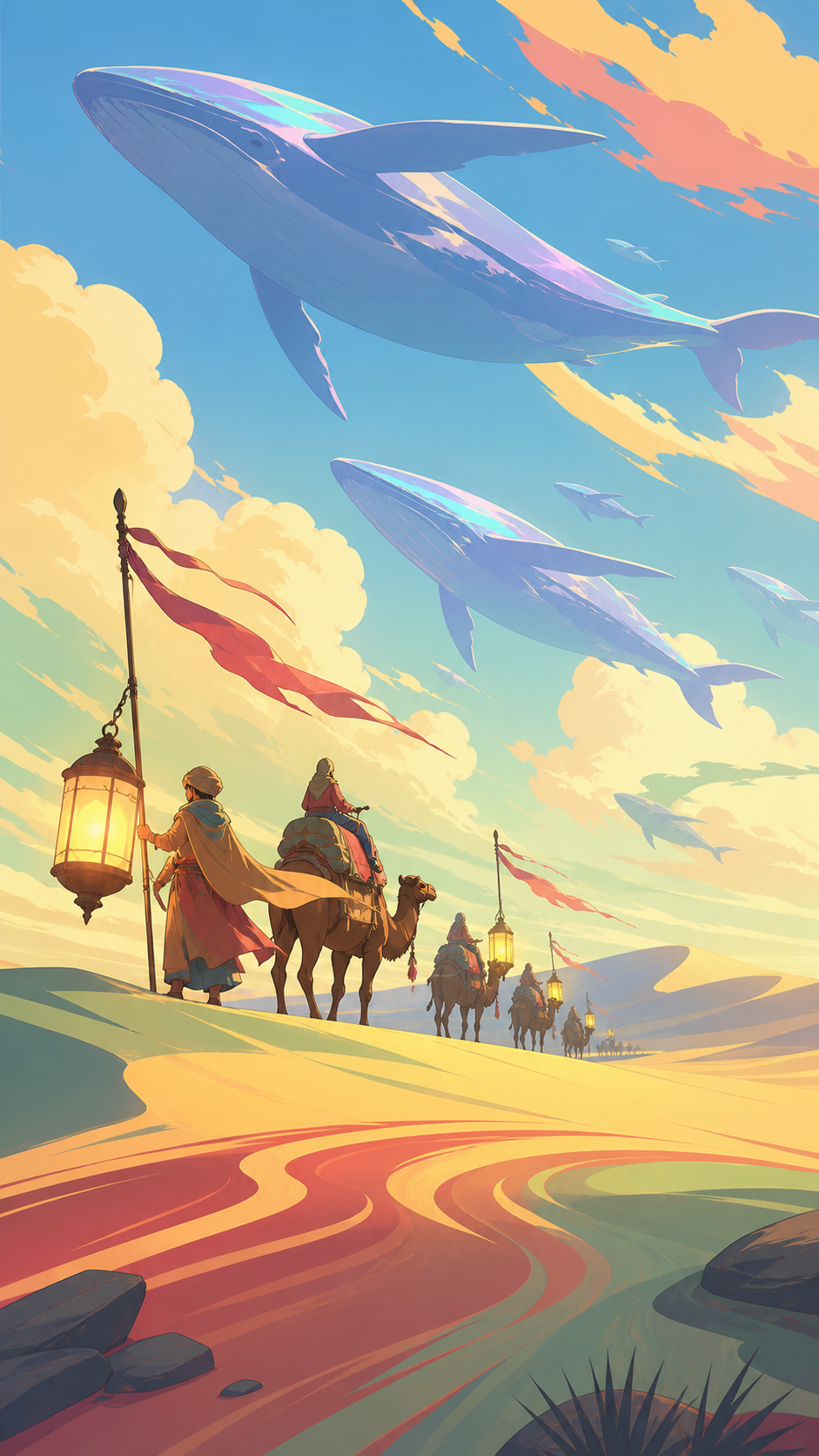 A caravan following the migrating shadows of enormous sky whales, during a difficult crossing made beautiful by unfamiliar weather. Low desert viewpoint using foreground wind patterns to lead toward the destination. Soft
