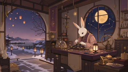 A moon rabbit operating a roadside repair shop for broken constellations, during a quiet festival after all human visitors have gone home. Storybook narrative scene with a clear be