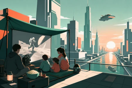 A family watching an old analog film beside a future city canal, as old and new entertainment traditions overlap naturally. Rooftop view with one game action framed against vertica