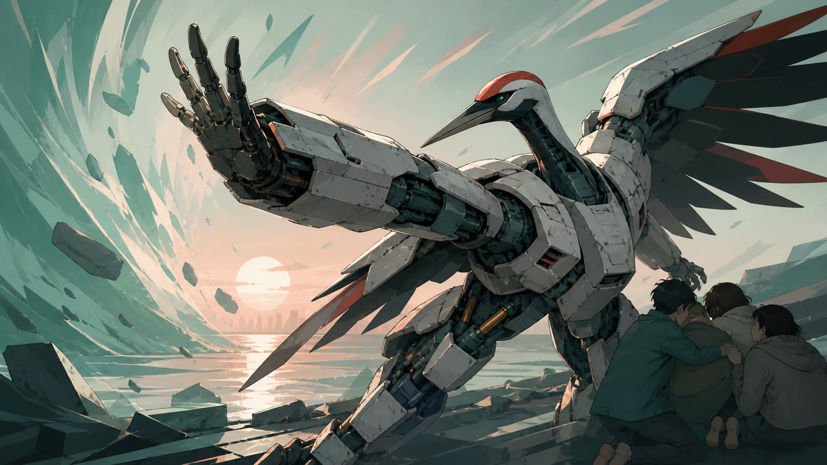 A battered rescue mecha designed like a red-crowned crane, bracing against a shockwave while protecting civilians just outside frame. Wide cinematic action tableau frozen at the clearest dramatic instant. Sea-glass green