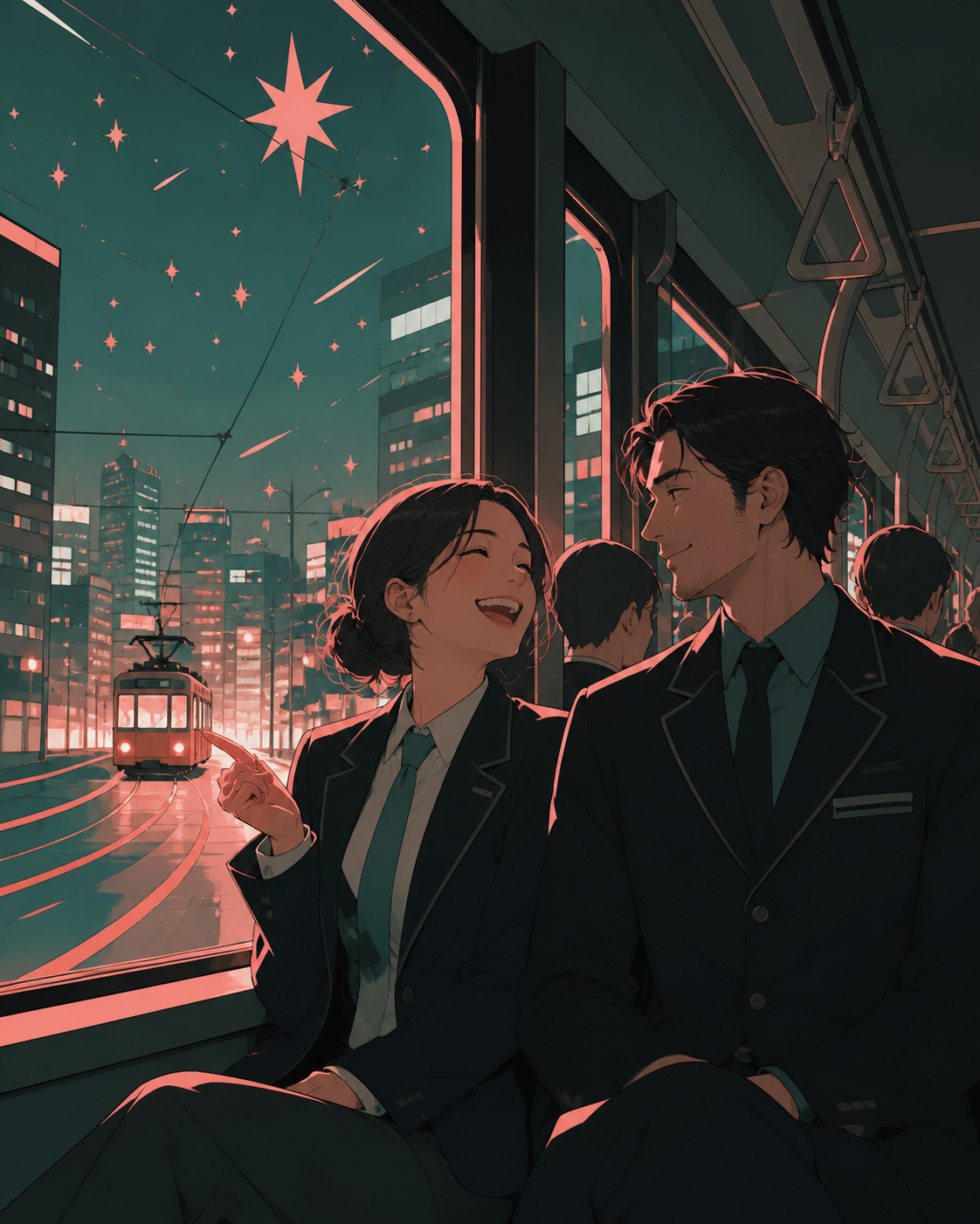 Adult strangers sharing the final tram through a city under artificial stars, centered on a small interaction among people who may never meet again. Window-side two-person composition with the journey visible beyond. Cel