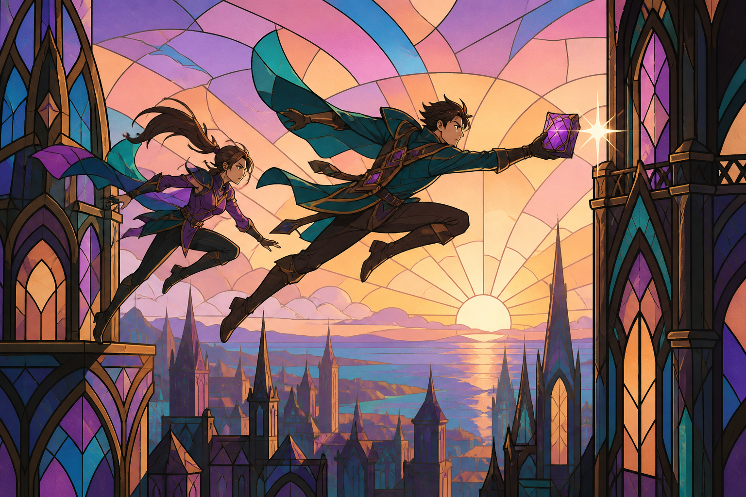 Two adult spell couriers leaping between moving towers to deliver a sealed remedy, captured at one clear tactical turning point. Wide action frame with a single unmistakable movement direction. Apricot, orchid purple, po