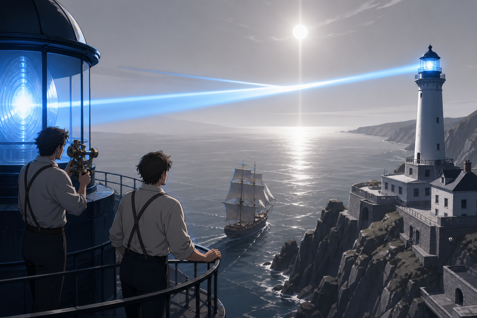 Two lighthouse keepers discovering their towers have begun exchanging signals, while calm seas make one unusual event impossible to miss. High coastal viewpoint following the ship's route through the scene. Soft monochro