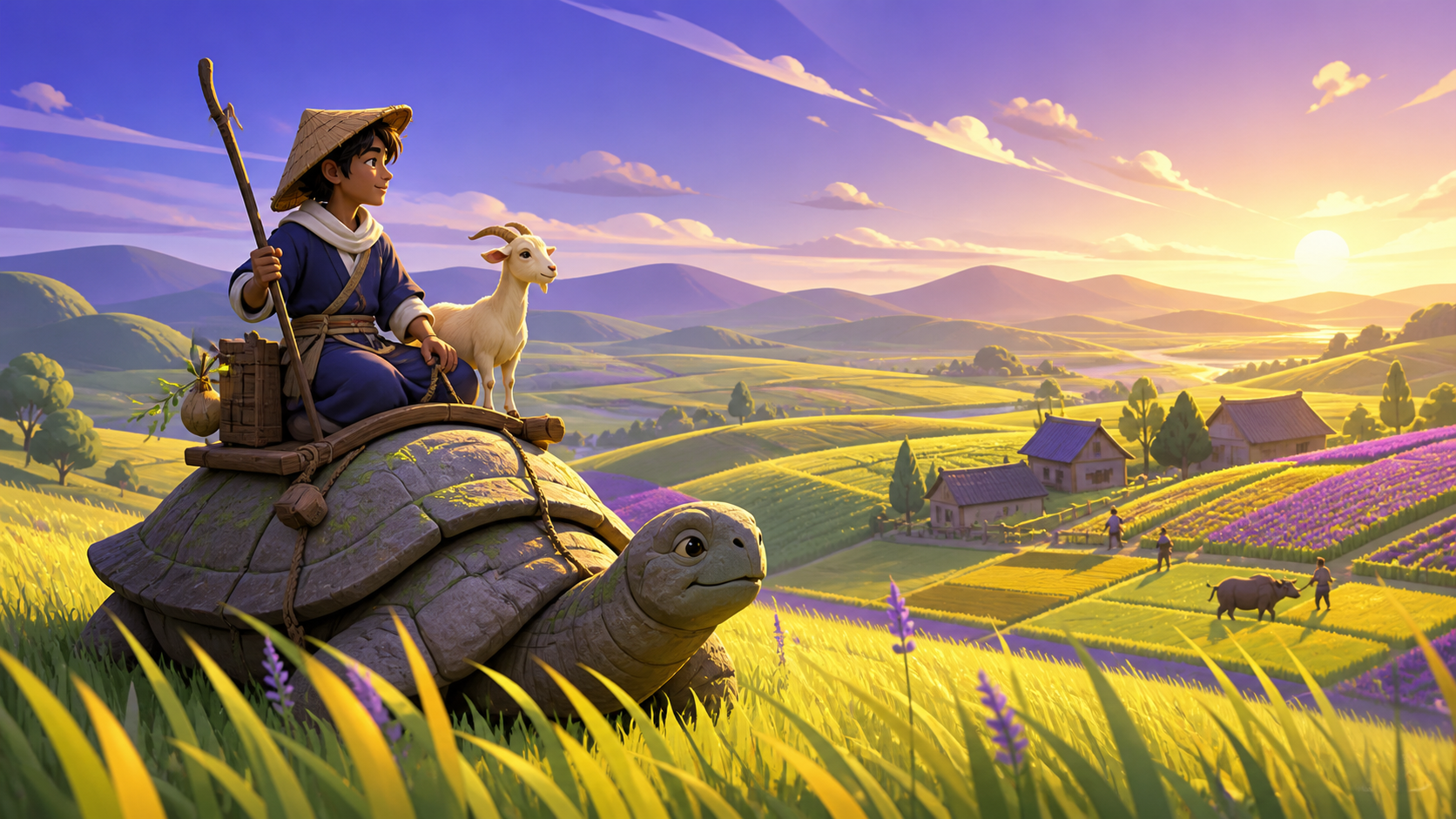 A goat herder crossing high grasslands on the back of a patient stone turtle, during familiar seasonal work treated with quiet care. Wide pastoral scene with work activity guiding the eye across the land. Acid lime, ultr
