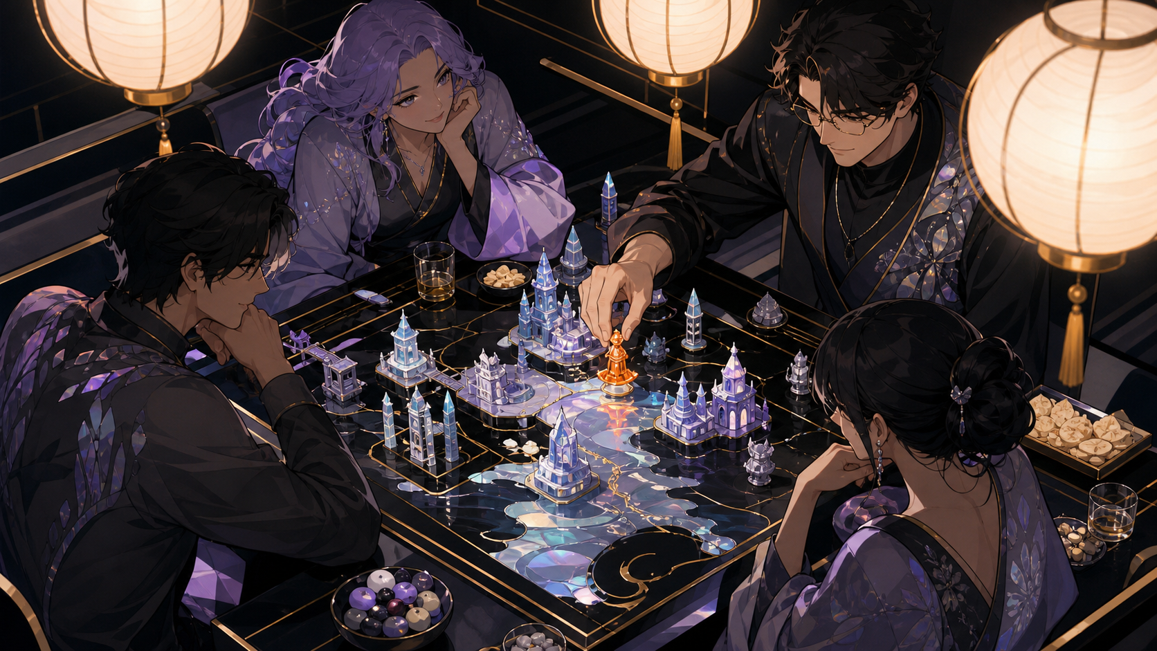 Adult friends playing a strategy board game whose pieces build a tiny moving kingdom, during a competitive but affectionate turning point. Overhead-leaning social composition centered on one decisive move. Pale lavender,