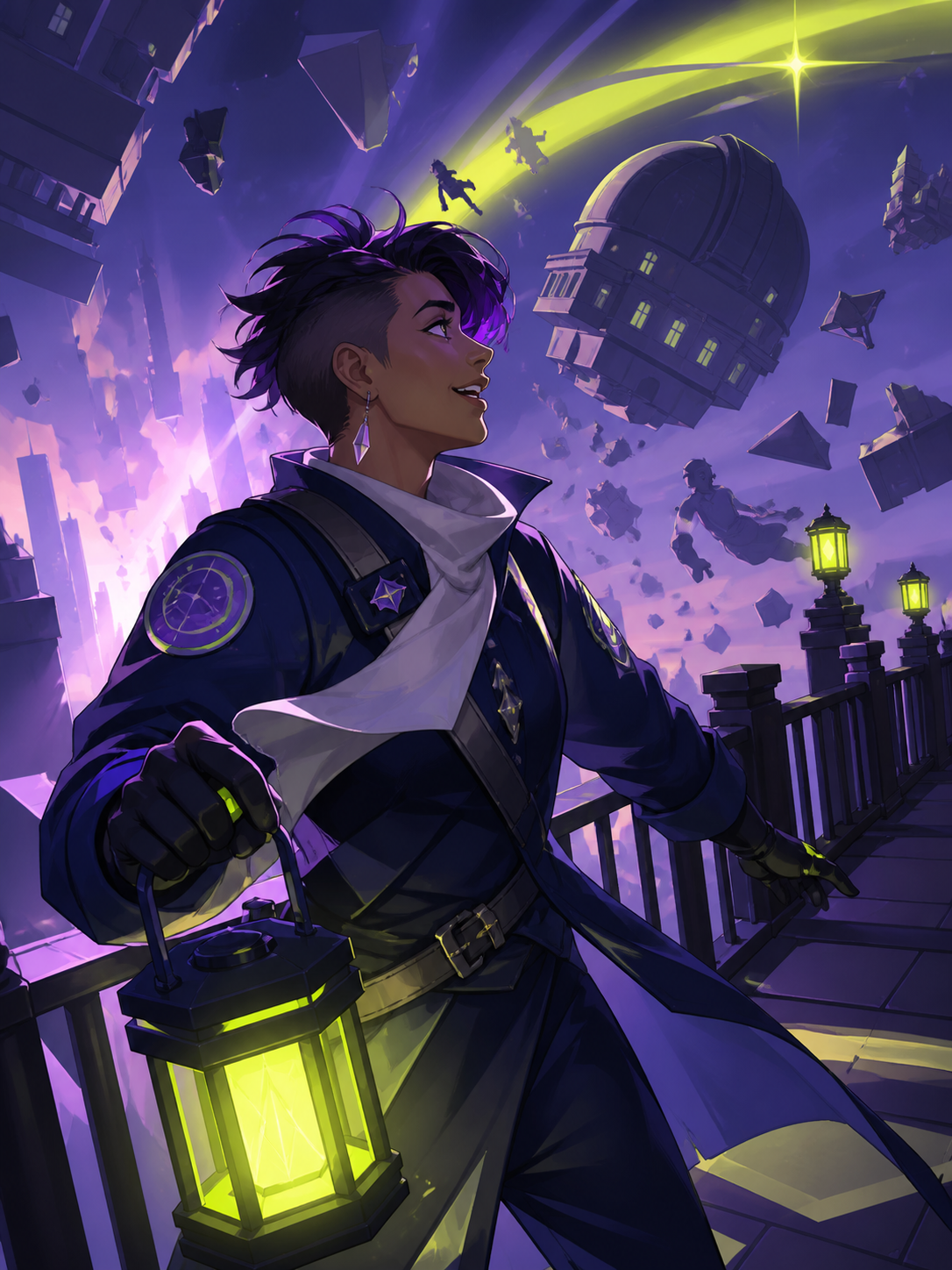 An adult nonbinary astronomer with a patched observatory uniform, crossing a lantern-lit bridge as the city below loses gravity. Intimate three-quarter view with strong foreground and background layers. Acid lime, ultrav
