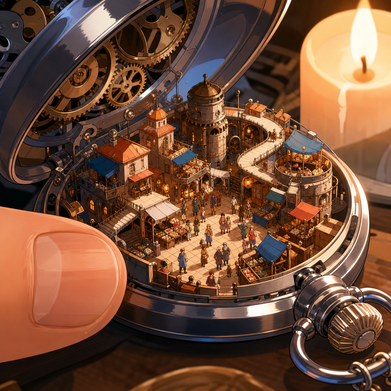 A bustling market hidden inside the mechanism of a pocket watch, observed at close range with ordinary objects revealing the tiny scale. Macro diorama composition with one ordinary object anchoring scale. Sun-bleached pe