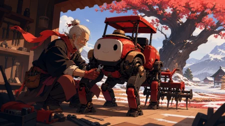 An elderly mechanic repairing a friendly walking farm machine, on the first warm day after a long winter. Warm eye-level narrative frame balanced by a monumental tree. Crimson, bla