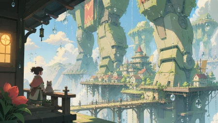 A mountain village suspended beneath migrating stone giants, during gentle rainfall that turns into floating glass beads. Wide landscape composition with dramatic foreground framin