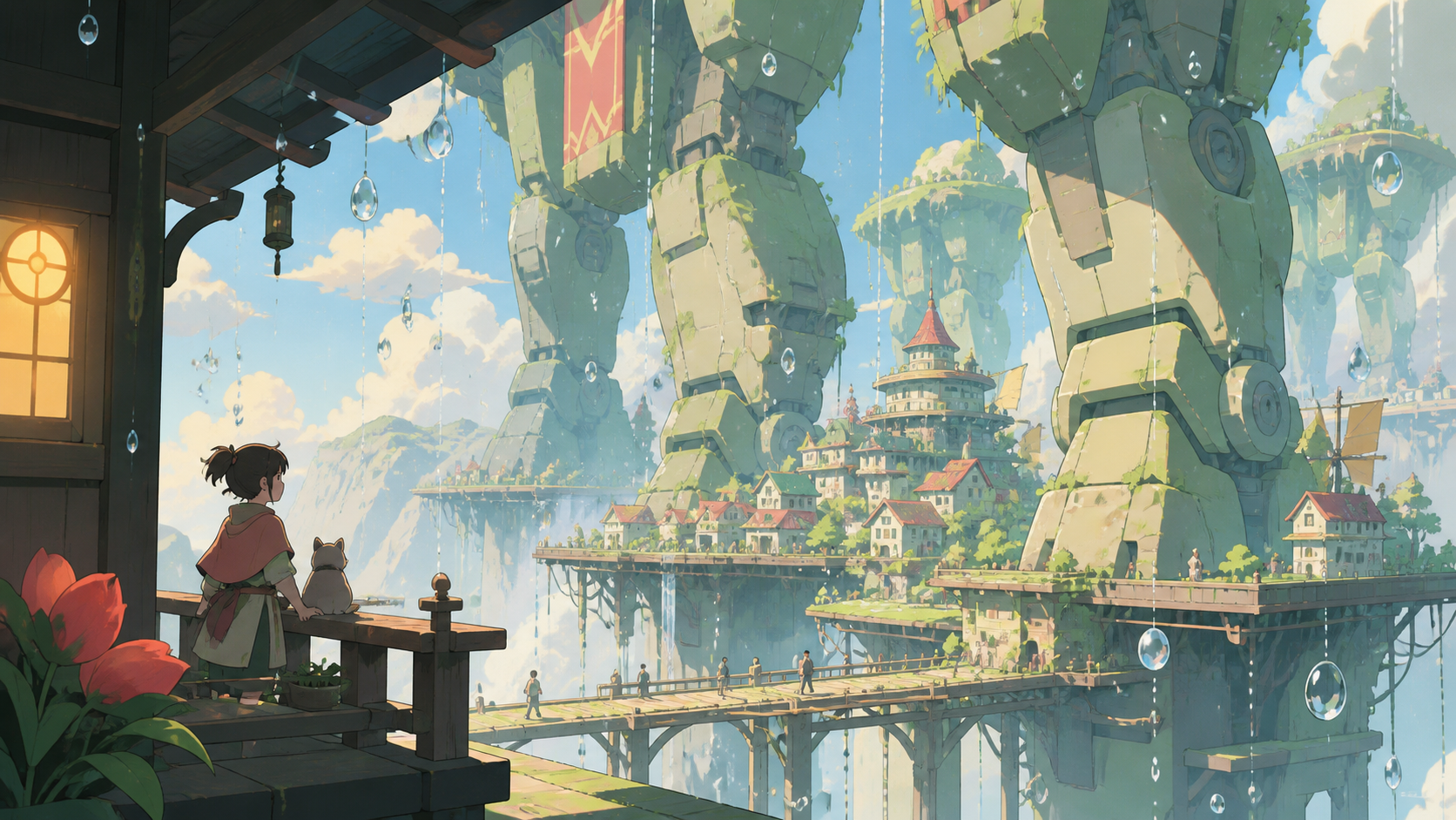 A mountain village suspended beneath migrating stone giants, during gentle rainfall that turns into floating glass beads. Wide landscape composition with dramatic foreground framing. Soft pistachio, butter yellow, powder