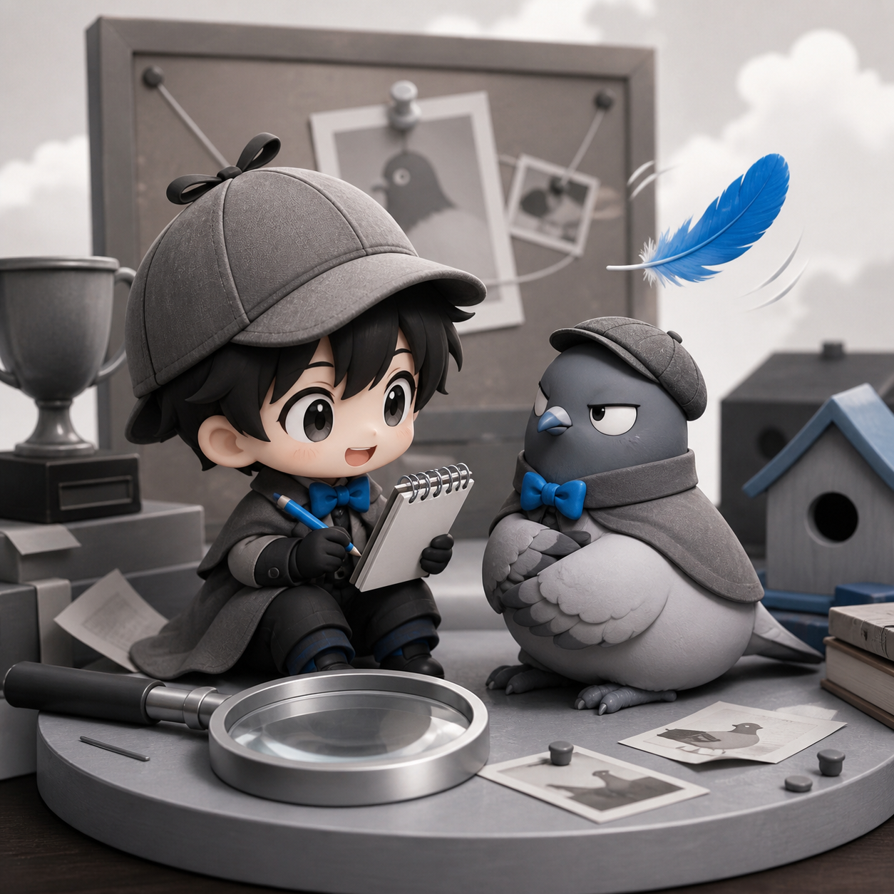 A chibi detective interviewing an extremely suspicious pigeon, after reaching the goal and discovering it was misunderstood. Centered ensemble pose interrupted by one moving object. Soft monochrome with a single saturate