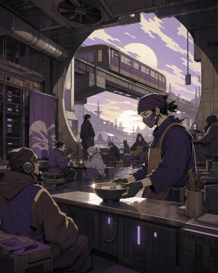 A masked chef serving midnight meals inside a former data center, inside a hidden but welcoming subculture with its own routines. Wide underground ensemble with infrastructure fram