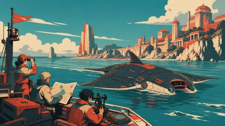 A small research crew sailing beside a vast mechanical manta ray, during a clear day when the route becomes unexpectedly unfamiliar. Wide maritime view placing vessel and destinati