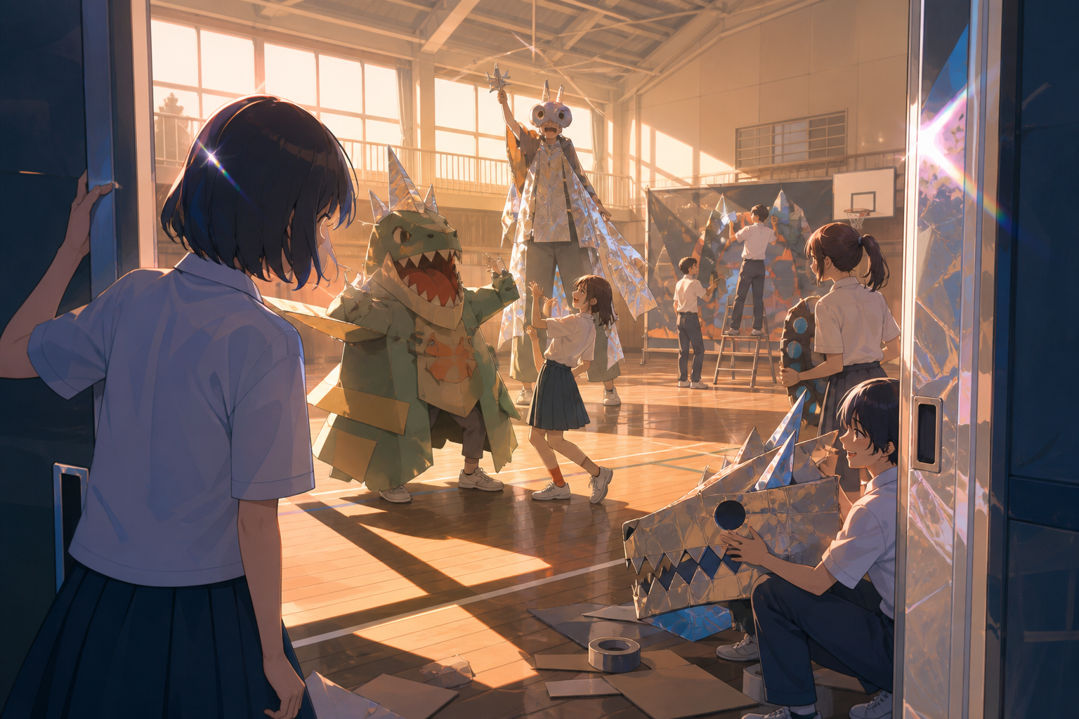 A theater club testing handmade monster costumes in an empty gym, during the final practice before a small public presentation. Doorway-framed candid scene with several small connected moments. Sun-bleached peach, desert