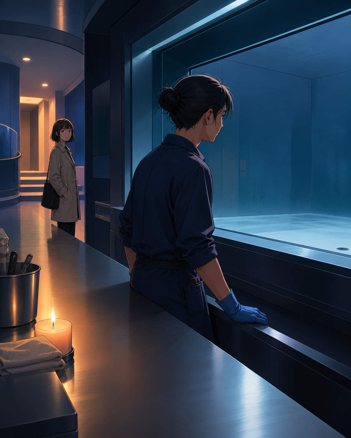 An adult aquarium technician checking one enormous empty tank after midnight, as a brief visitor interrupts a familiar routine. Intimate counter-side composition surrounded by empty architecture. Sun-bleached peach, dese