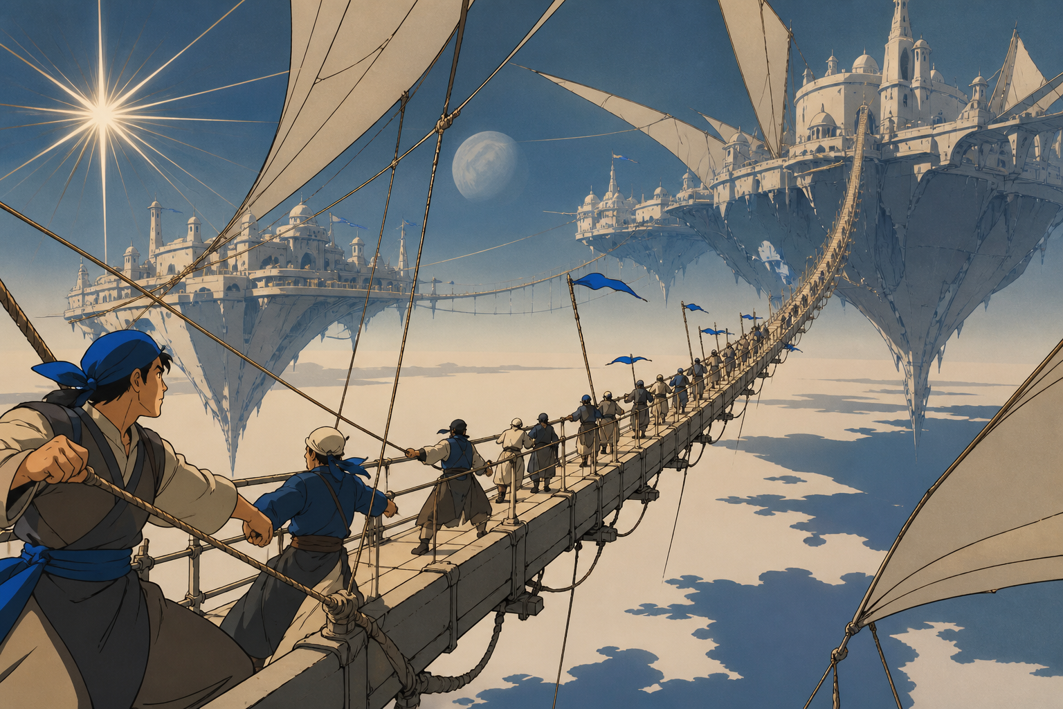 An impossibly long pedestrian bridge connecting two moving sky kingdoms, as changing winds force inhabitants into a practiced communal response. Sweeping aerial panorama with a strong route across the frame. Soft monochr
