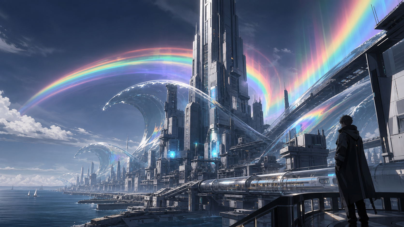 A vertical coastal city whose transit lines move through enormous transparent waves, as a rare aurora bends around the tallest structures. Grand city panorama balanced by one intimate foreground detail. Monochrome graphi