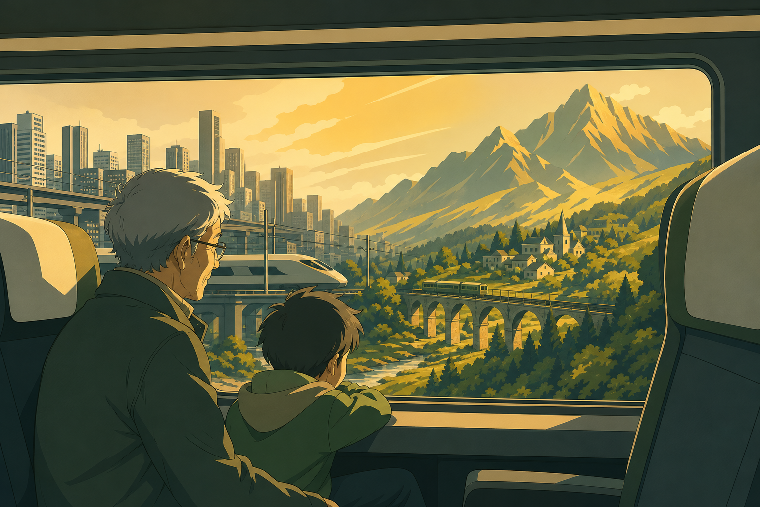 A child and grandparent sharing a window seat through mountain country, as the route crosses from a modern city into an enchanted countryside. View across the carriage toward a large landscape-filled window. Moss green, 
