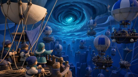 A balloon city gathering around a seasonal mountain-sized storm, as changing winds force inhabitants into a practiced communal response. Vertigo-inducing vertical composition balan