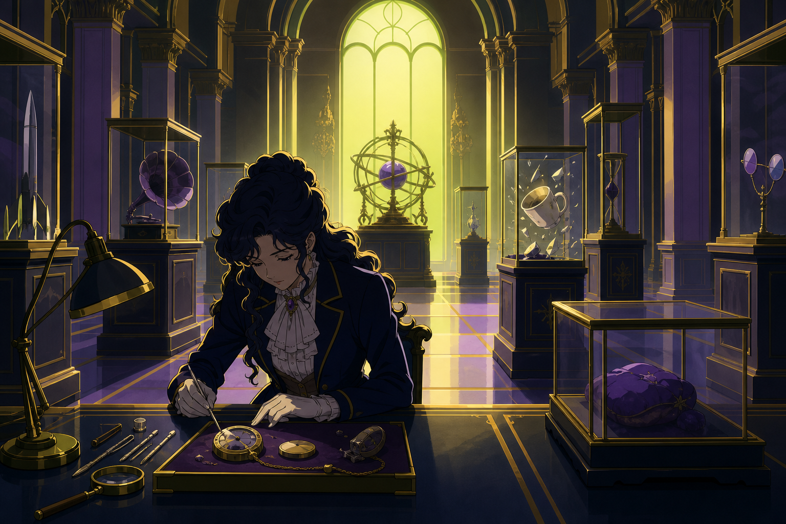 A conservator cataloging ordinary objects recovered from alternate timelines, at the instant one carefully arranged display breaks its established rule. Grand gallery view with one human-scale task anchoring the scene. A