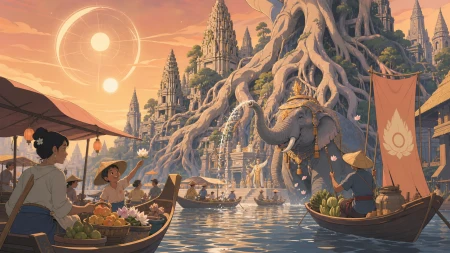 A river market drifting past a temple city reclaimed by giant roots, during a ceremony that suddenly becomes physically mythic. River-level panorama moving from market life toward 