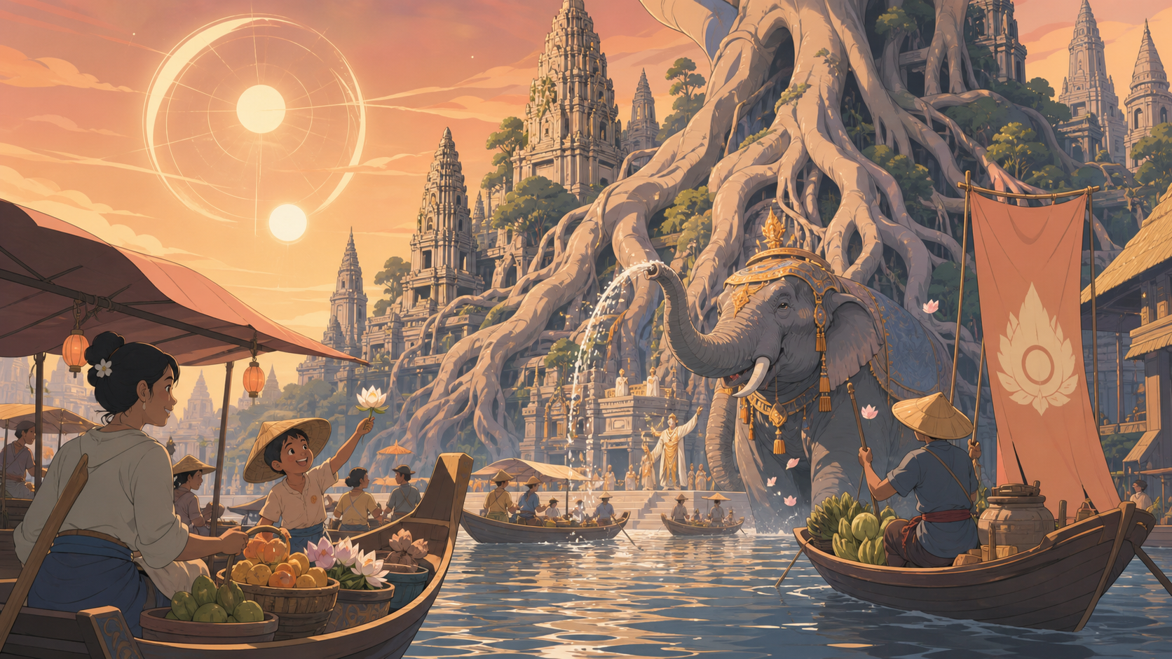 A river market drifting past a temple city reclaimed by giant roots, during a ceremony that suddenly becomes physically mythic. River-level panorama moving from market life toward a monumental temple. Sun-bleached peach,