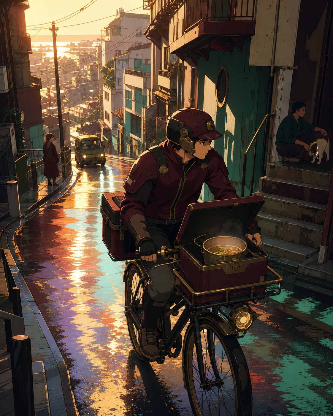 A bicycle courier delivering hot noodles through a steep hillside city, just after rain leaves every street reflecting a different color. Observational street-level frame with foreground movement and a clear focal story.