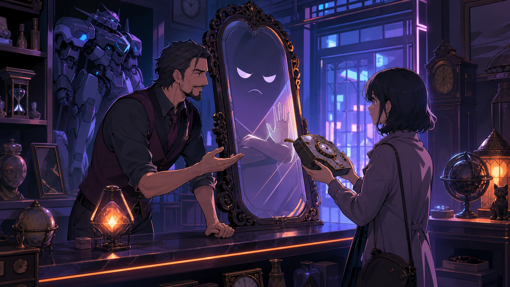 An adult antique dealer negotiating with a mirror that refuses every buyer, when a familiar customer returns an item for a surprising reason. Inviting storefront-wide scene centered on one customer exchange. Pale lavende