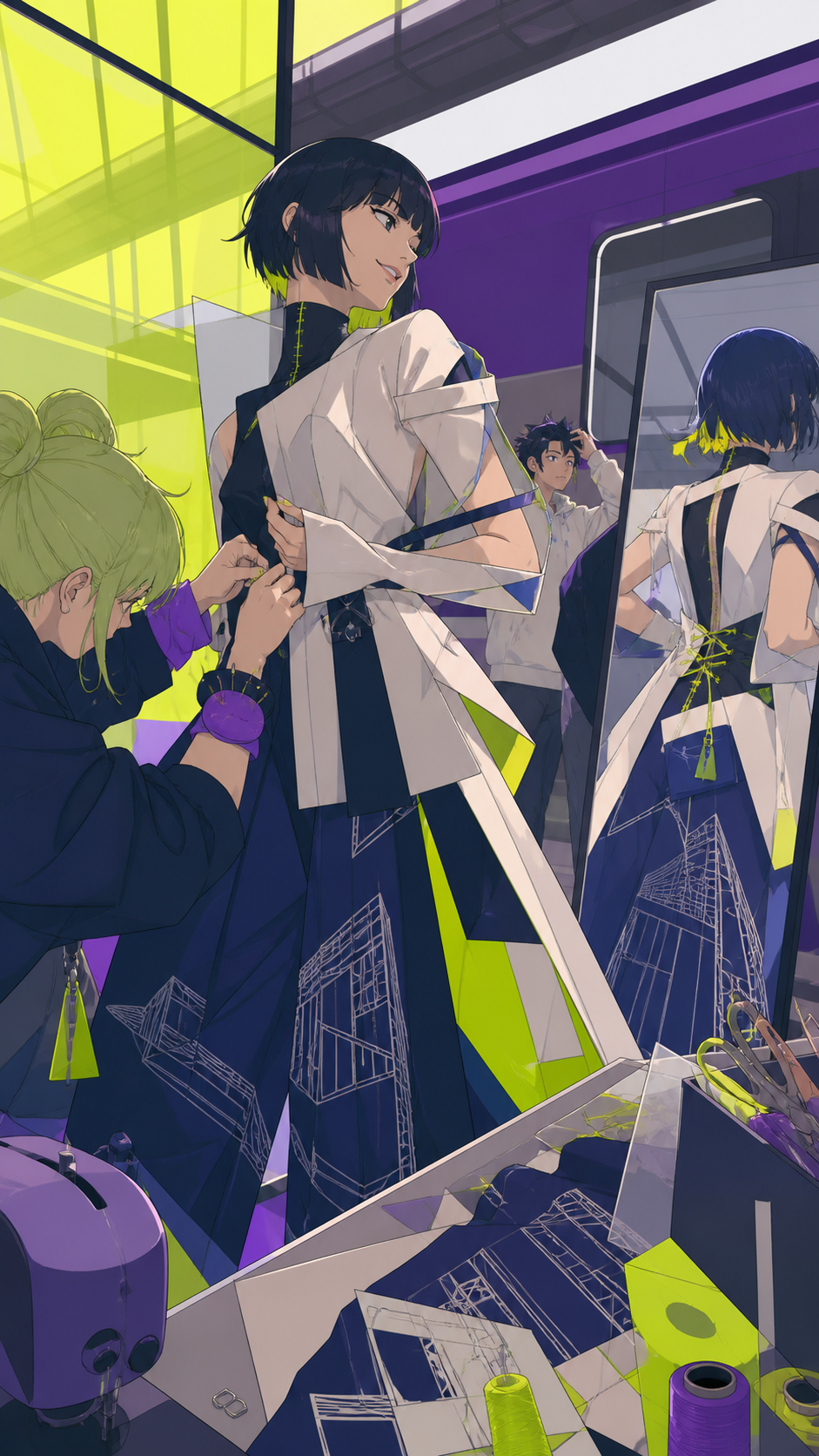 A model wearing architecture-inspired streetwear at a transit platform, during candid preparation rather than a formal runway pose. Group editorial frame built around contrasting silhouettes. Acid lime, ultraviolet, matt