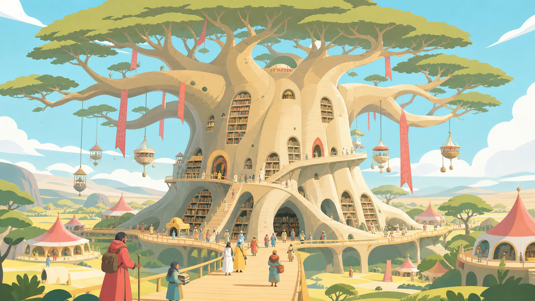 A massive baobab serving as a library for migrating storytellers, with tiny visitors clearly revealing the extraordinary scale. Wide landscape frame with the tree organizing every path and settlement. Soft pistachio, but