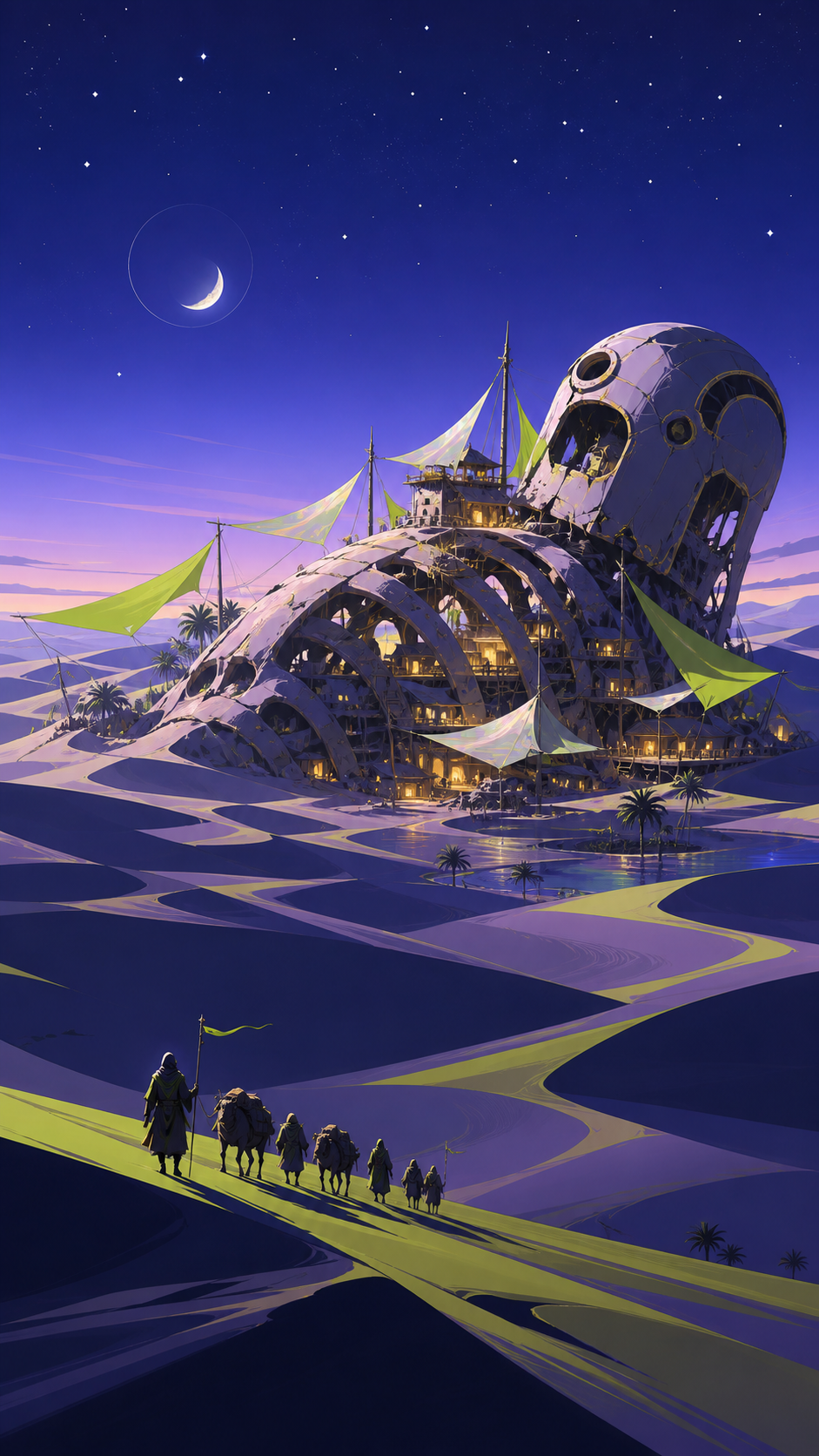 An oasis settlement built around the skeleton of an ancient machine, seen in the blue hour when heat gives way to starlight. Extreme wide landscape with a small but readable journey crossing it. Acid lime, ultraviolet, m