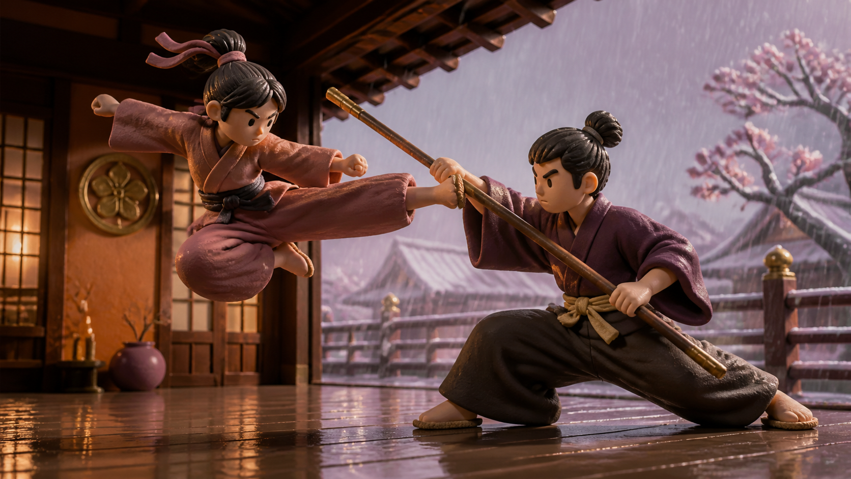 Two martial artists performing a ceremonial exhibition in heavy rain, frozen at the instant of greatest balance and momentum. Bold diagonal action composition with ample space ahead of the movement. Muted rose, parchment