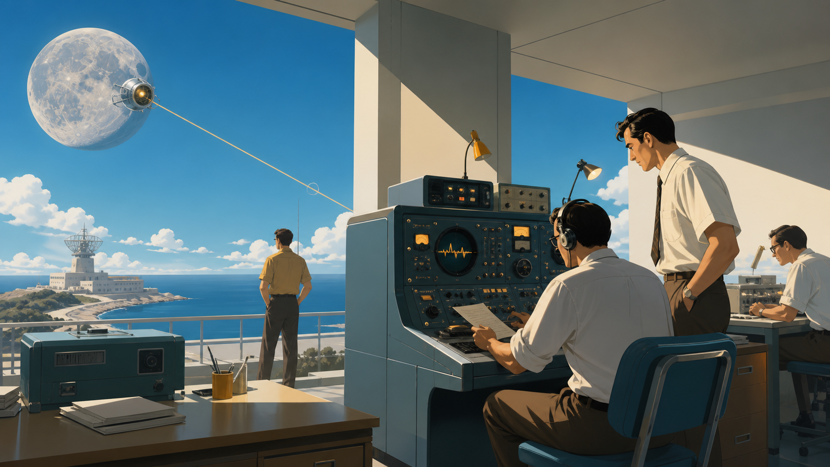 A 1960s coastal research office receiving the first message from beneath the moon, at a quiet moment before the invention changes ordinary life. Wide period street scene centered on the alternate technology in use. Saffr