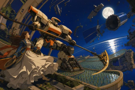 An agricultural mecha defending terraced rice fields from a falling satellite, fighting in zero gravity among fragments of a ruined orbital garden. Dynamic low-angle action frame w
