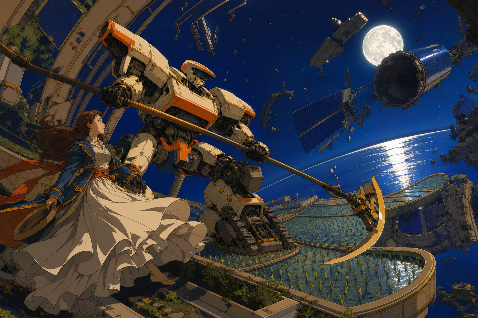 An agricultural mecha defending terraced rice fields from a falling satellite, fighting in zero gravity among fragments of a ruined orbital garden. Dynamic low-angle action frame with a strong diagonal movement line. Cob