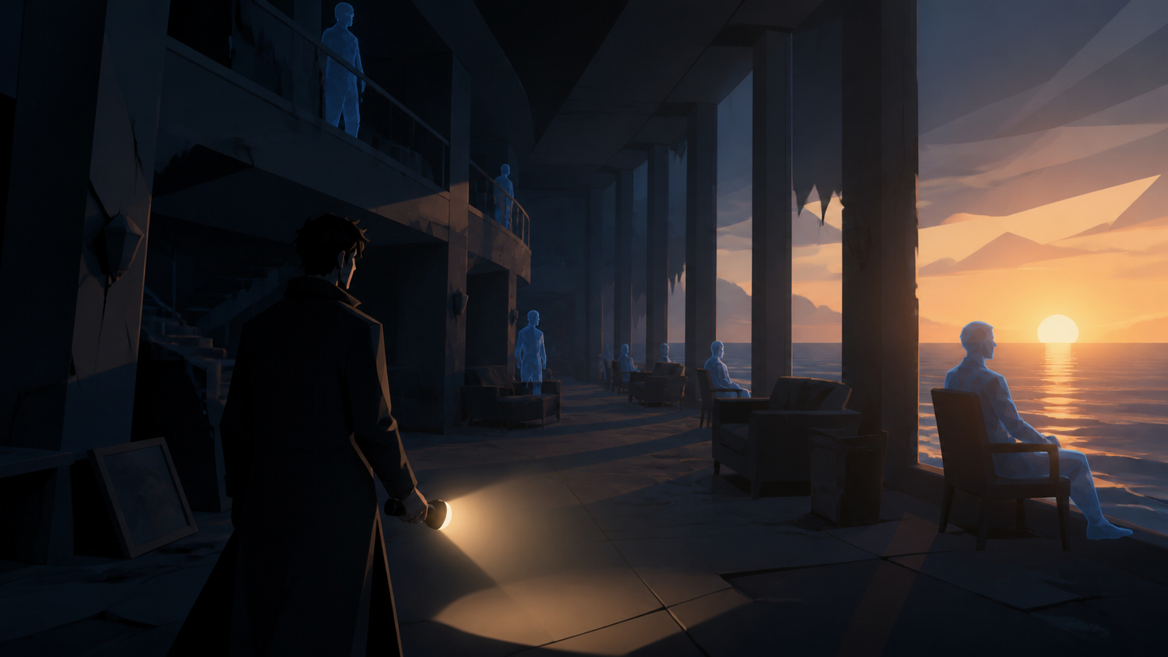 A seaside hotel where translucent guests patiently wait for sunrise, explored by one cautious adult carrying a weak practical light. Suspenseful deep-perspective composition with the threat implied rather than centered. 