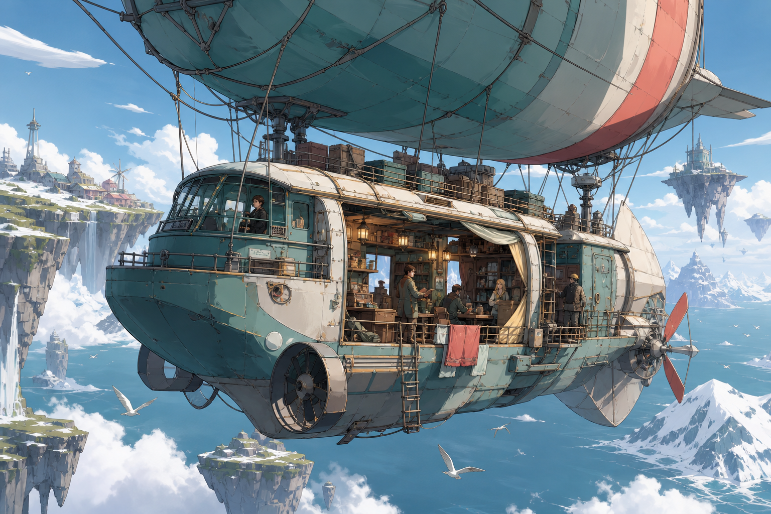 A weather-beaten airship ferry serving remote floating islands, mid-journey with passengers revealing how the vehicle is actually lived in. Grand three-quarter vehicle view embedded naturally in its route. Sea-glass gree