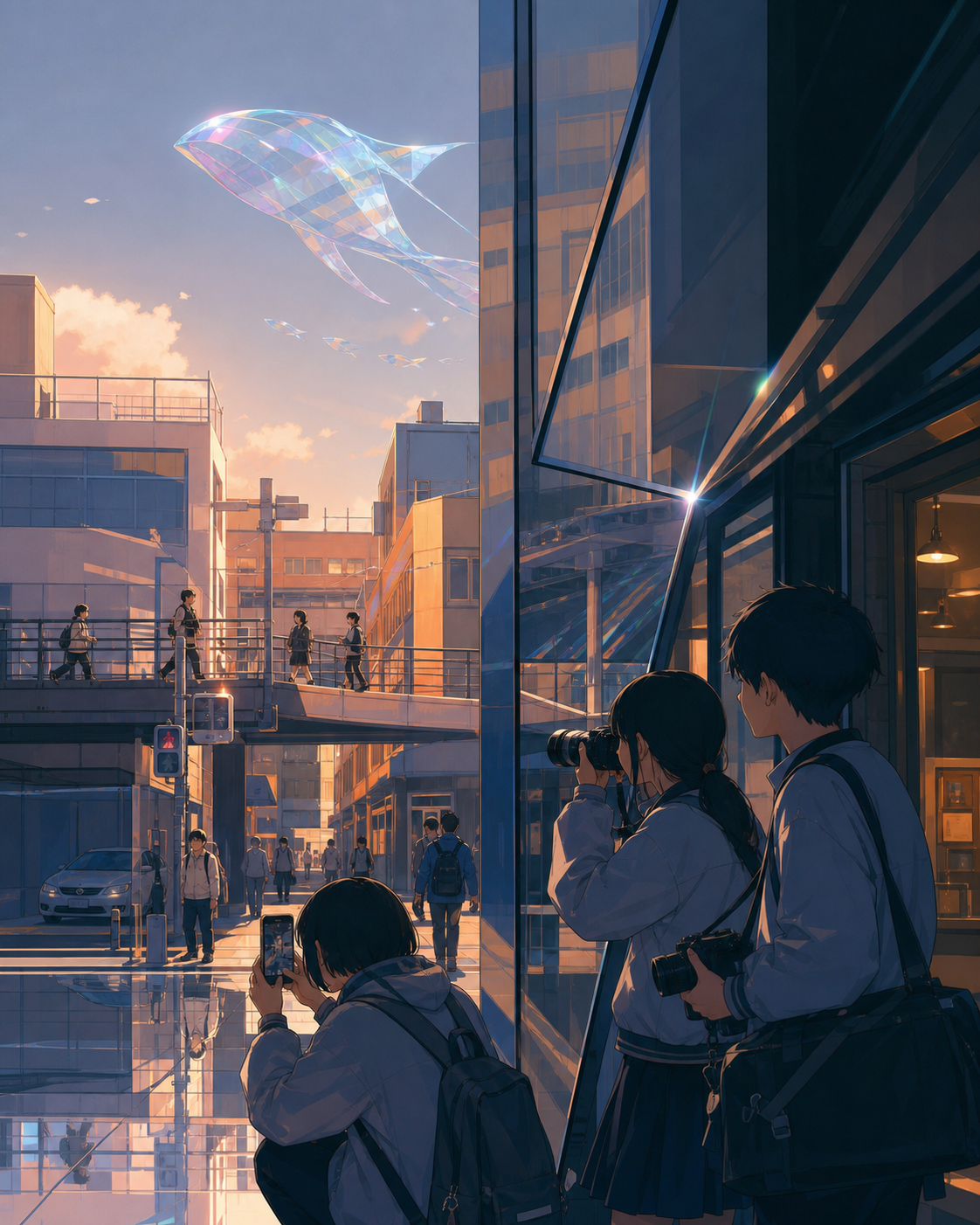 A middle-school photography club documenting unusual reflections, during an ordinary weekday interrupted by one gentle supernatural event. Compressed telephoto composition layering several blocks of city life. Sun-bleach