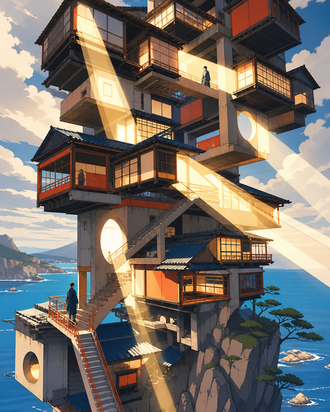 A seaside apartment tower assembled from stacked traditional tea houses, as sunlight passes through it in physically impossible directions. Dramatic vertical composition emphasizing scale and impossible geometry. Cobalt,