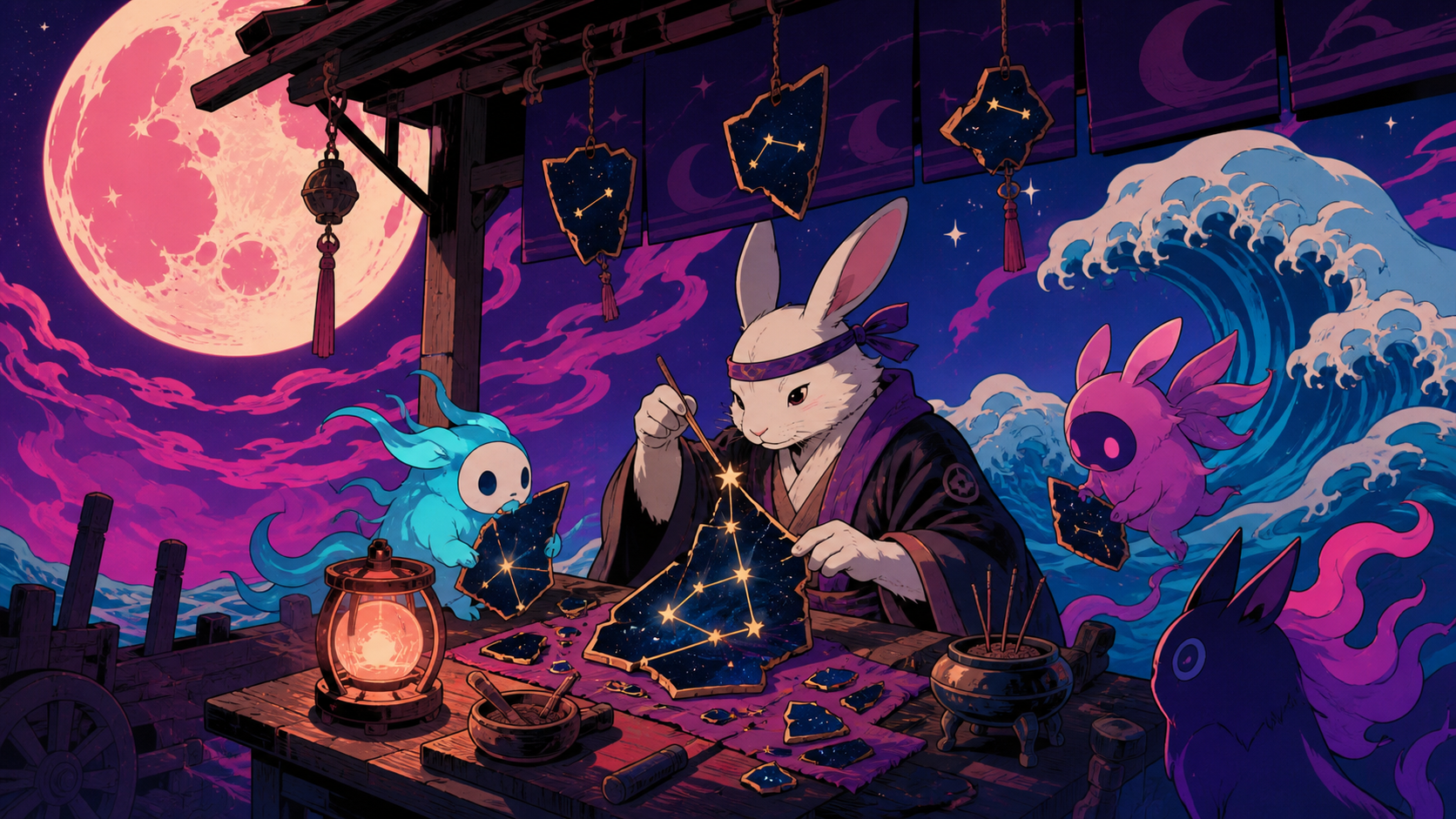 A moon rabbit operating a roadside repair shop for broken constellations, performing a small ritual whose meaning is revealed through objects. Balanced ensemble composition with one strong focal action. Saturated magenta