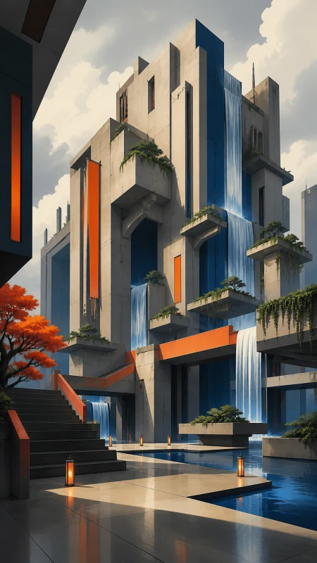 A brutalist monastery softened by waterfalls and floating gardens, shown empty just before its inhabitants wake. Dramatic vertical composition emphasizing scale and impossible geom