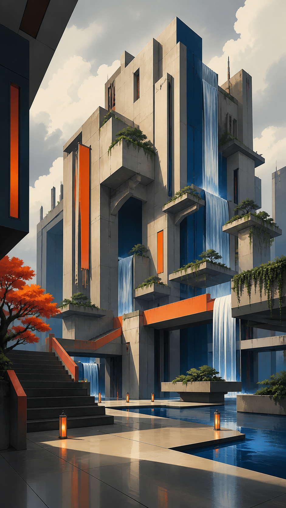 A brutalist monastery softened by waterfalls and floating gardens, shown empty just before its inhabitants wake. Dramatic vertical composition emphasizing scale and impossible geometry. Cobalt, persimmon orange, warm con
