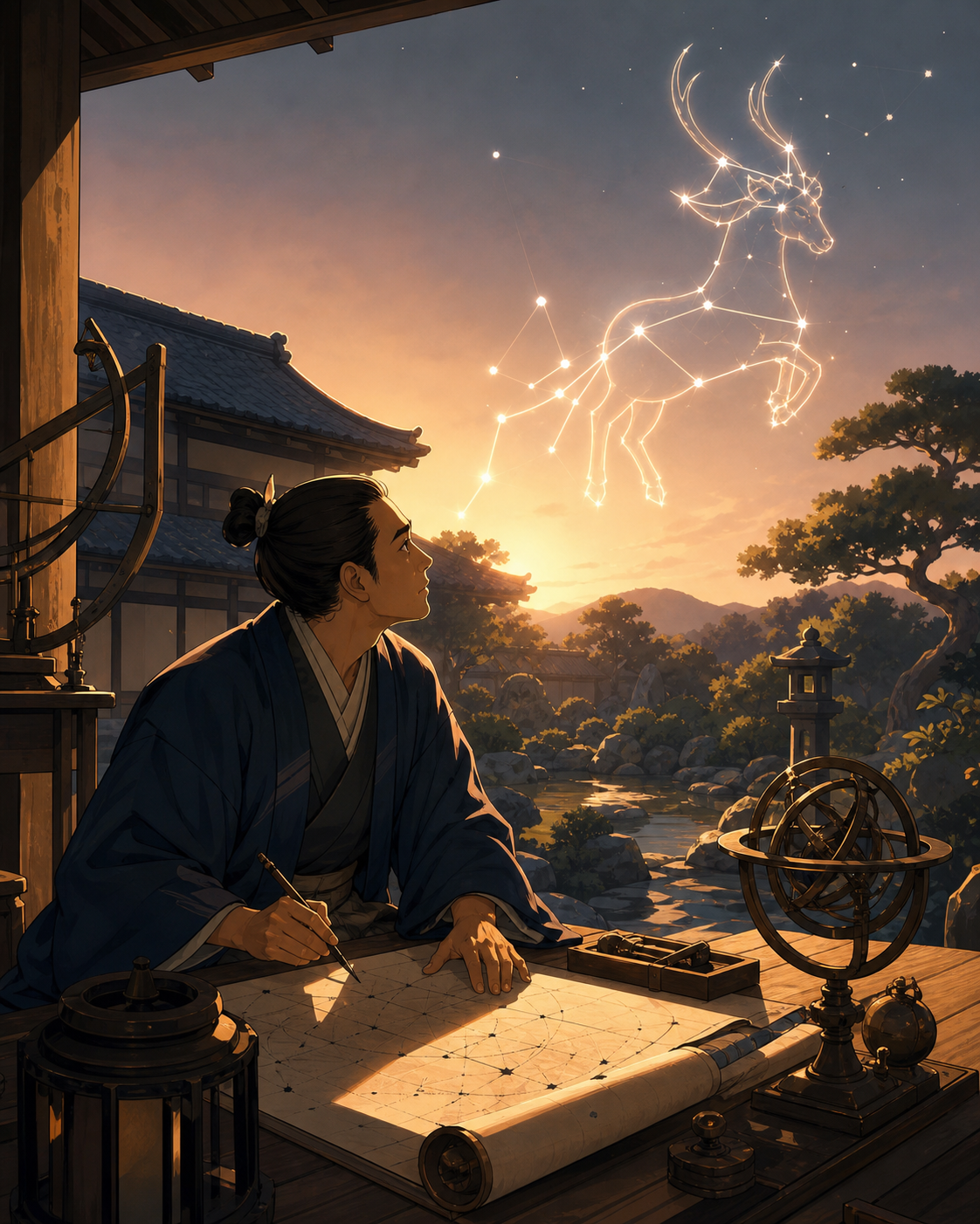 An Edo-period astronomer mapping a constellation that has descended into the garden, grounded in convincing period materials with one restrained supernatural event. Painterly historical scene centered on work, place, and