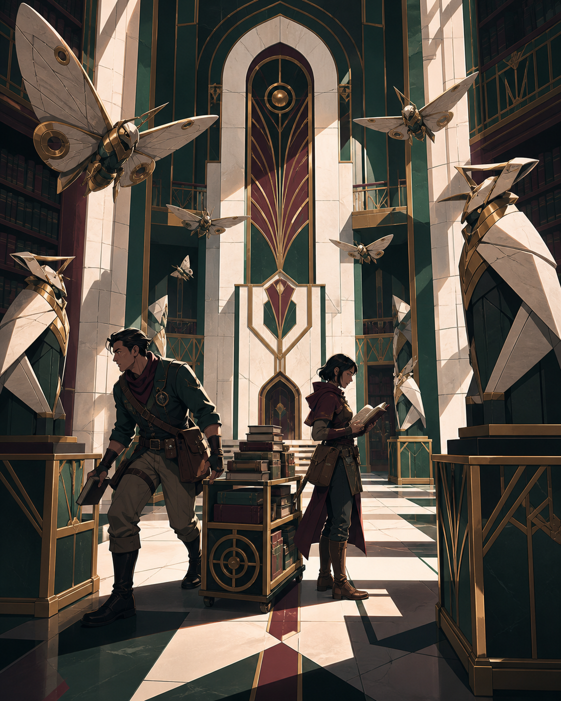 Two treasure hunters navigating a library patrolled by stone moths, between major dangers during a practical human-scale task. Wide party tableau that makes the environment feel explorable. Burgundy, midnight green, bone