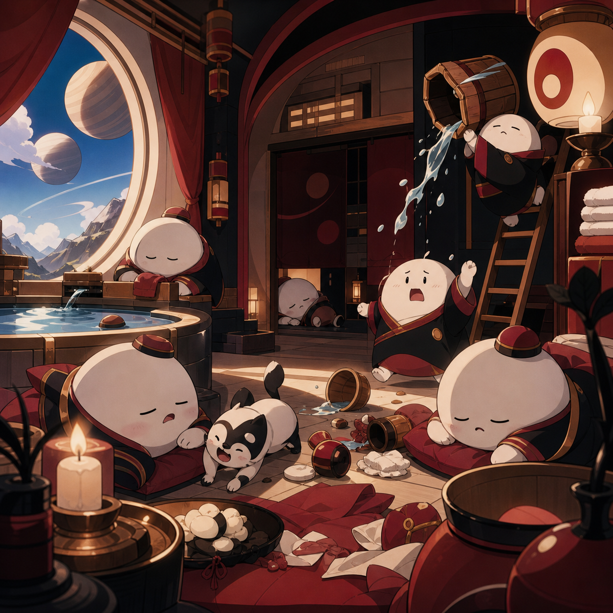 A sleepy mountain bathhouse managed by polite round spirits, during a quiet afternoon nap interrupted by one small mishap. Cozy eye-level view with foreground objects framing the scene. Crimson, black cherry, muted bronz
