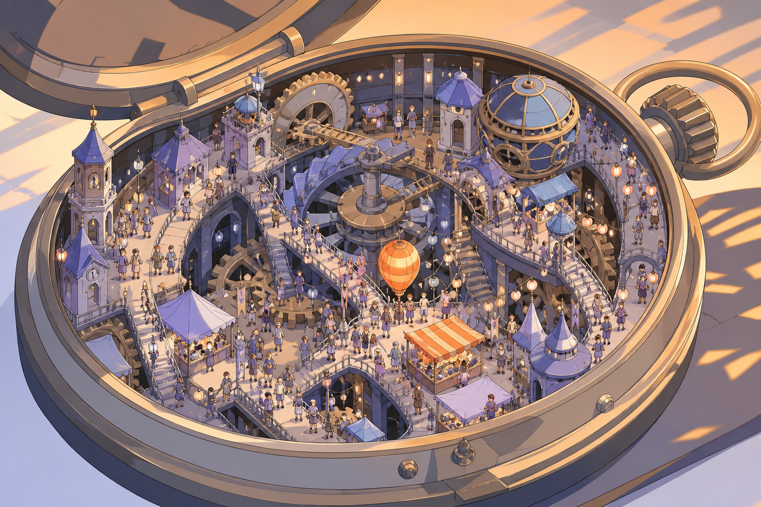 A bustling market hidden inside the mechanism of a pocket watch, during a miniature festival full of delicate points of light. Isometric-like miniature vista with multiple readable zones of activity. Pale lavender, icy b