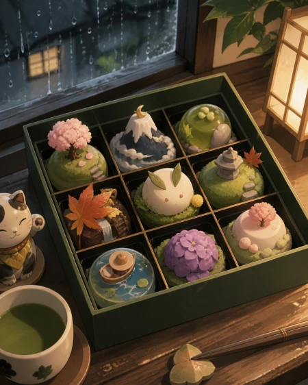 A jewel-like box of seasonal wagashi shaped as miniature fantasy landscapes, arranged on a worn wooden counter beside a rain-streaked window. Intimate close-up with shallow depth a