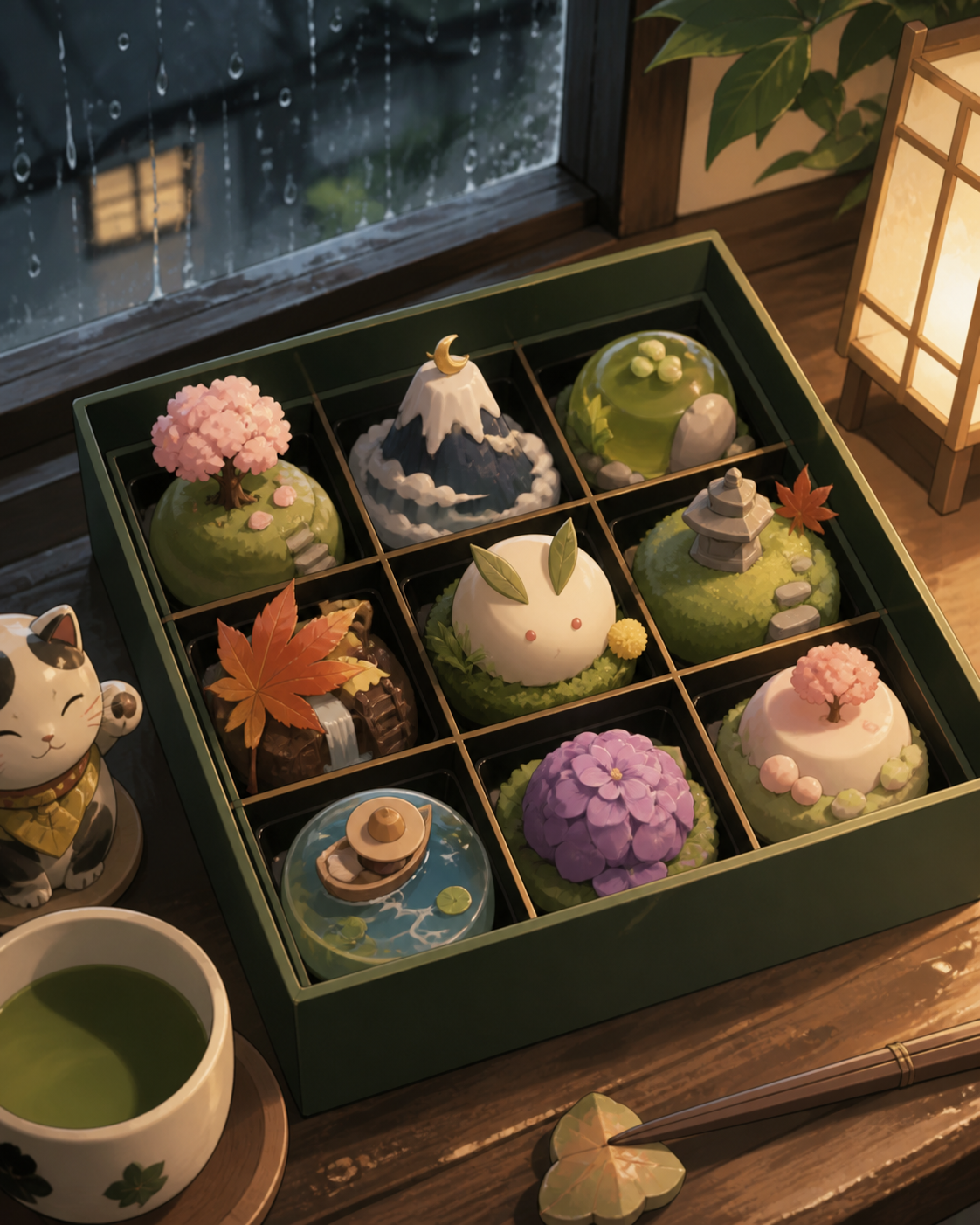 A jewel-like box of seasonal wagashi shaped as miniature fantasy landscapes, arranged on a worn wooden counter beside a rain-streaked window. Intimate close-up with shallow depth and layered foreground details. Moss gree