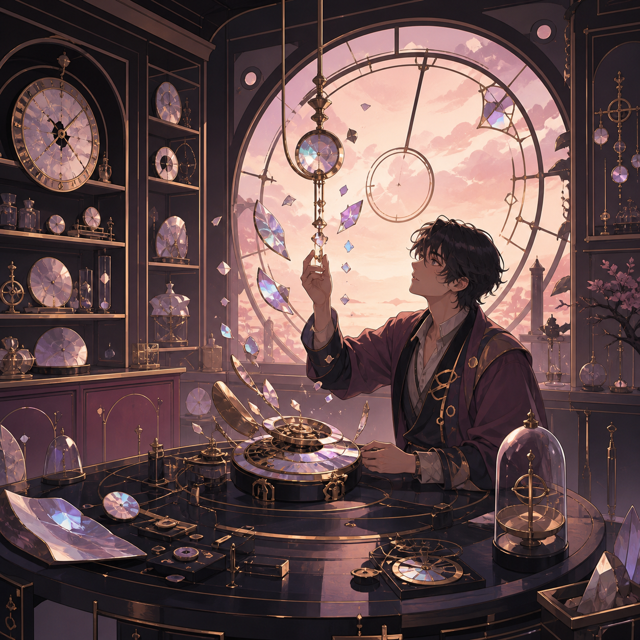 A clock repair shop specializing in broken moments rather than machines, at the moment one experiment produces an unexpectedly beautiful result. Room-wide workshop view organized around a strong central craft action. Mut