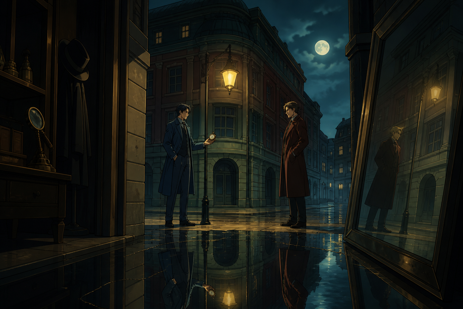 Two rival investigators meeting beneath the last working streetlamp, at the turning point where one overlooked object solves half the mystery. Cinematic noir frame using doorways and reflected figures to layer the myster